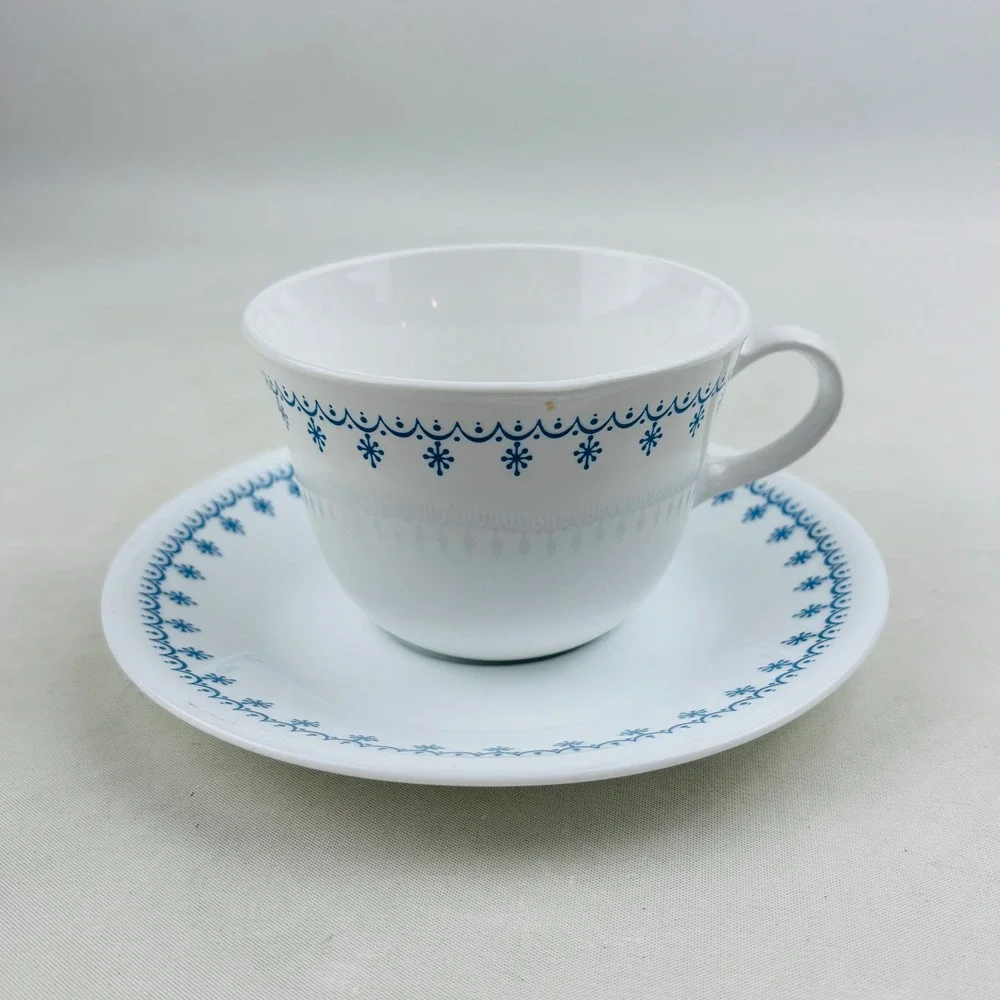 Corelle Snowflake Blue 6 Flat Cup & Saucer Sets White Ring Handle Vintage‎